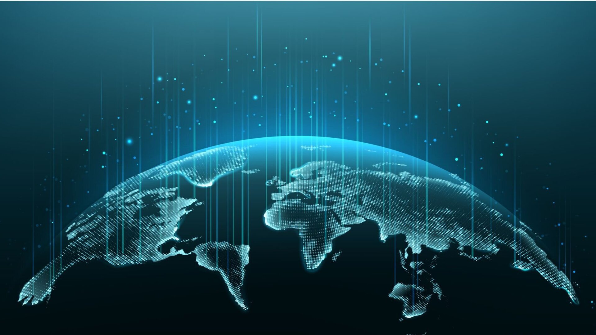 Digital representation of the Earth with glowing blue connections and data streams, symbolizing global networks and communication across continents in a connected, digital world