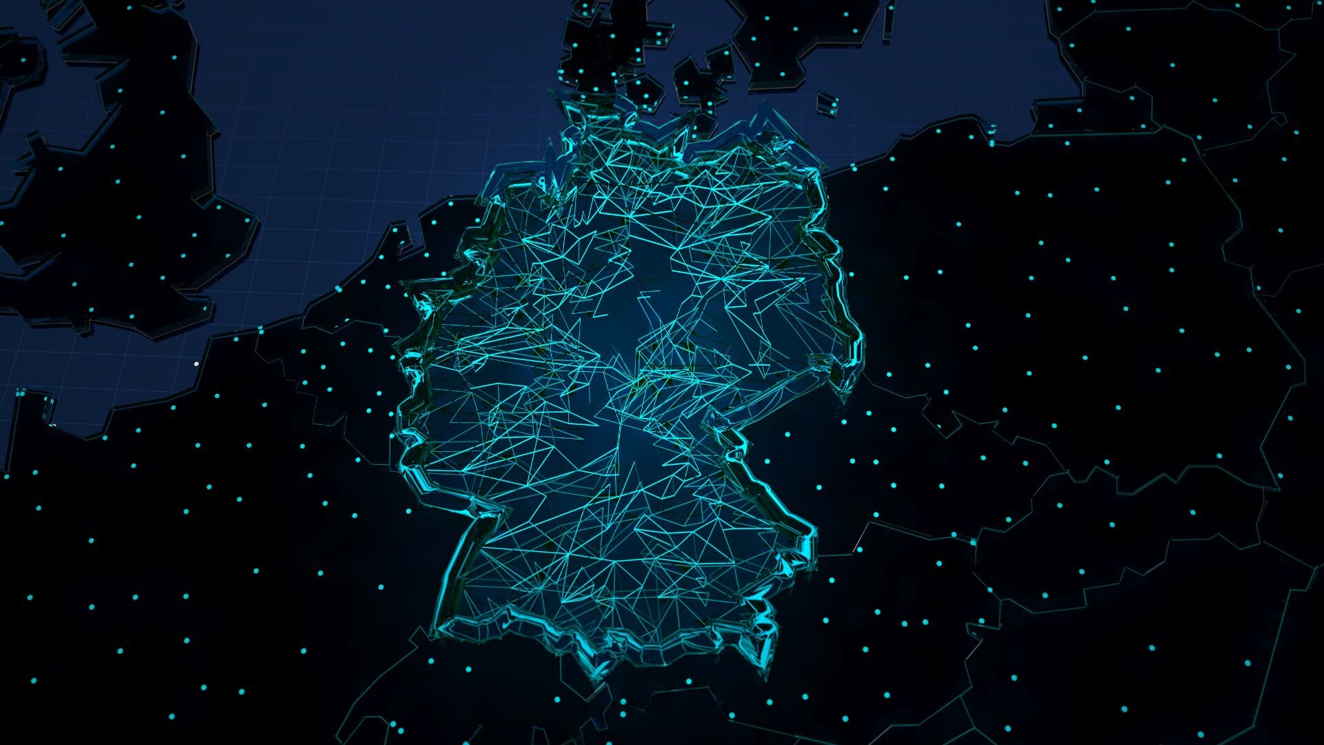 A digital map of Germany highlighted with glowing, interconnected lines and nodes, symbolizing a network or technological infrastructure within the country