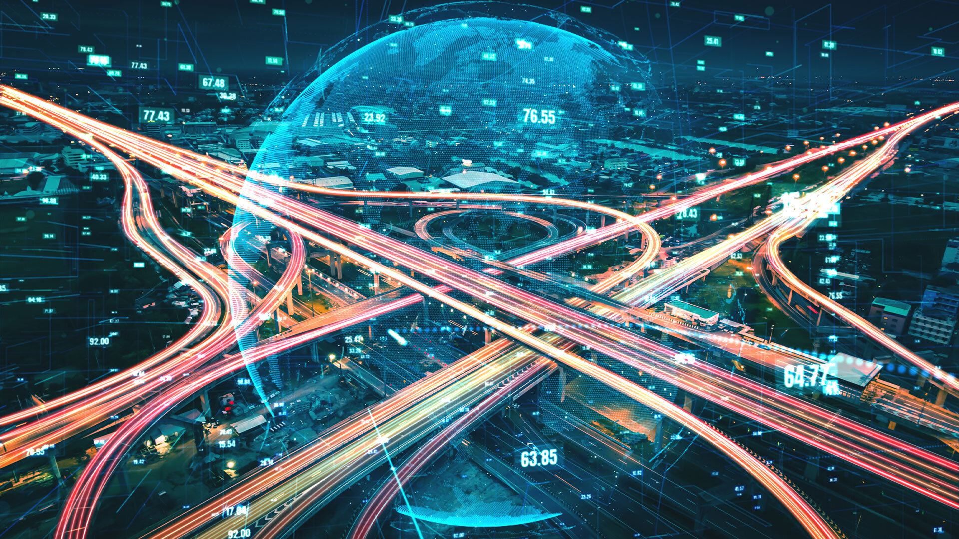 Digital highway network with data flow, representing global connectivity and smart infrastructure