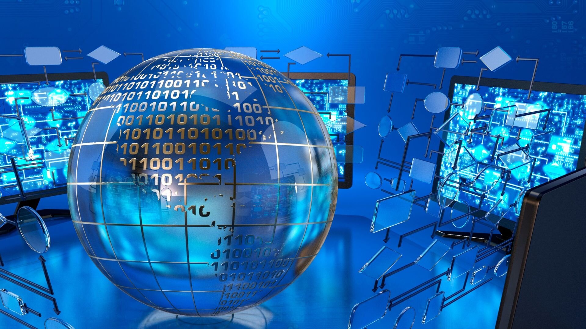 A digital representation of a globe with binary code overlay, surrounded by computer monitors displaying data flow diagrams, symbolizing global data exchange and technological networks