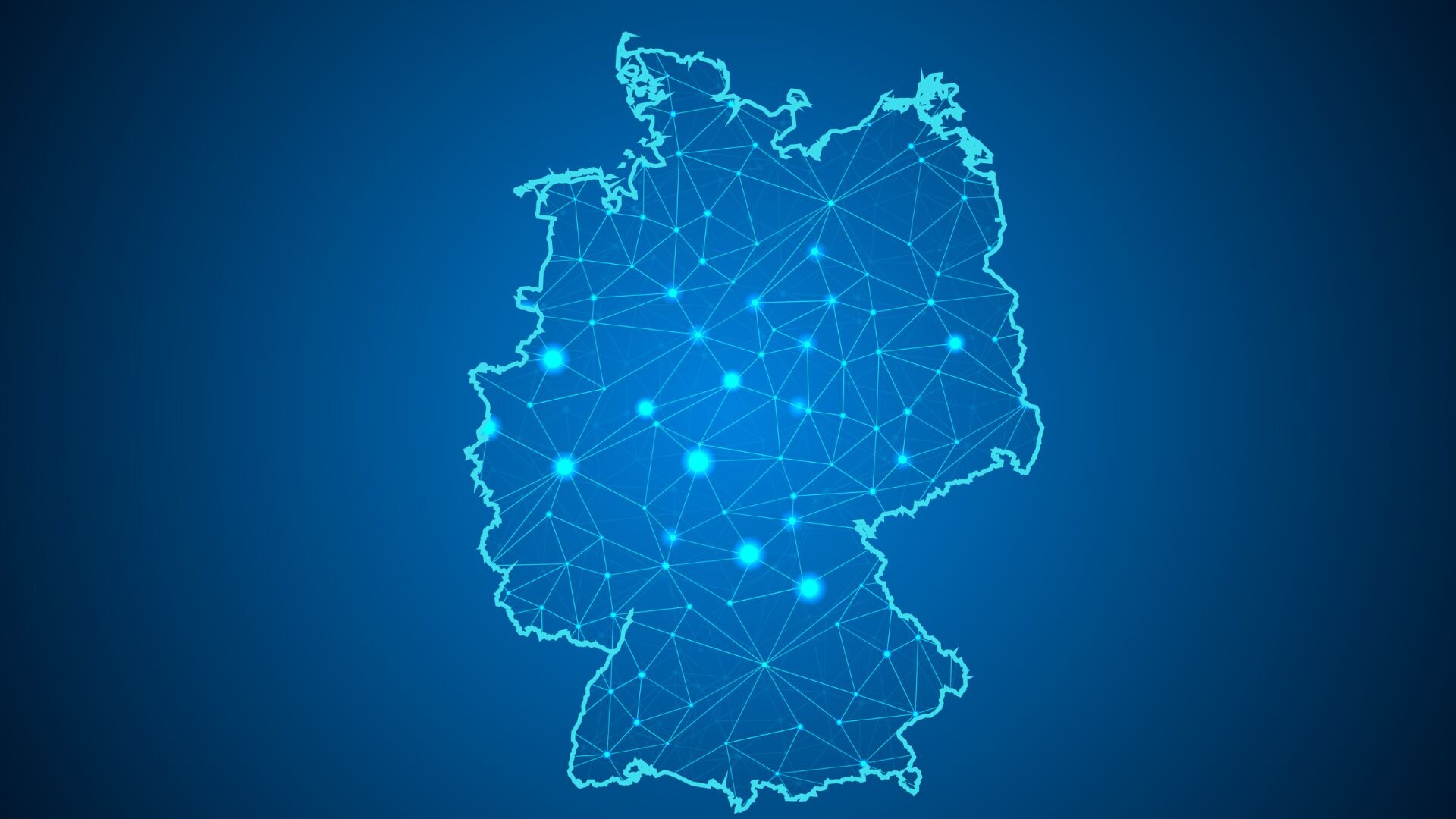 Digital network representation of Germany, with connected nodes and lines symbolizing communication and data infrastructure