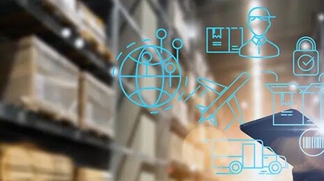 © iStockphoto/greenbutterfly Digital logistics icons over a warehouse background, representing global supply chain management