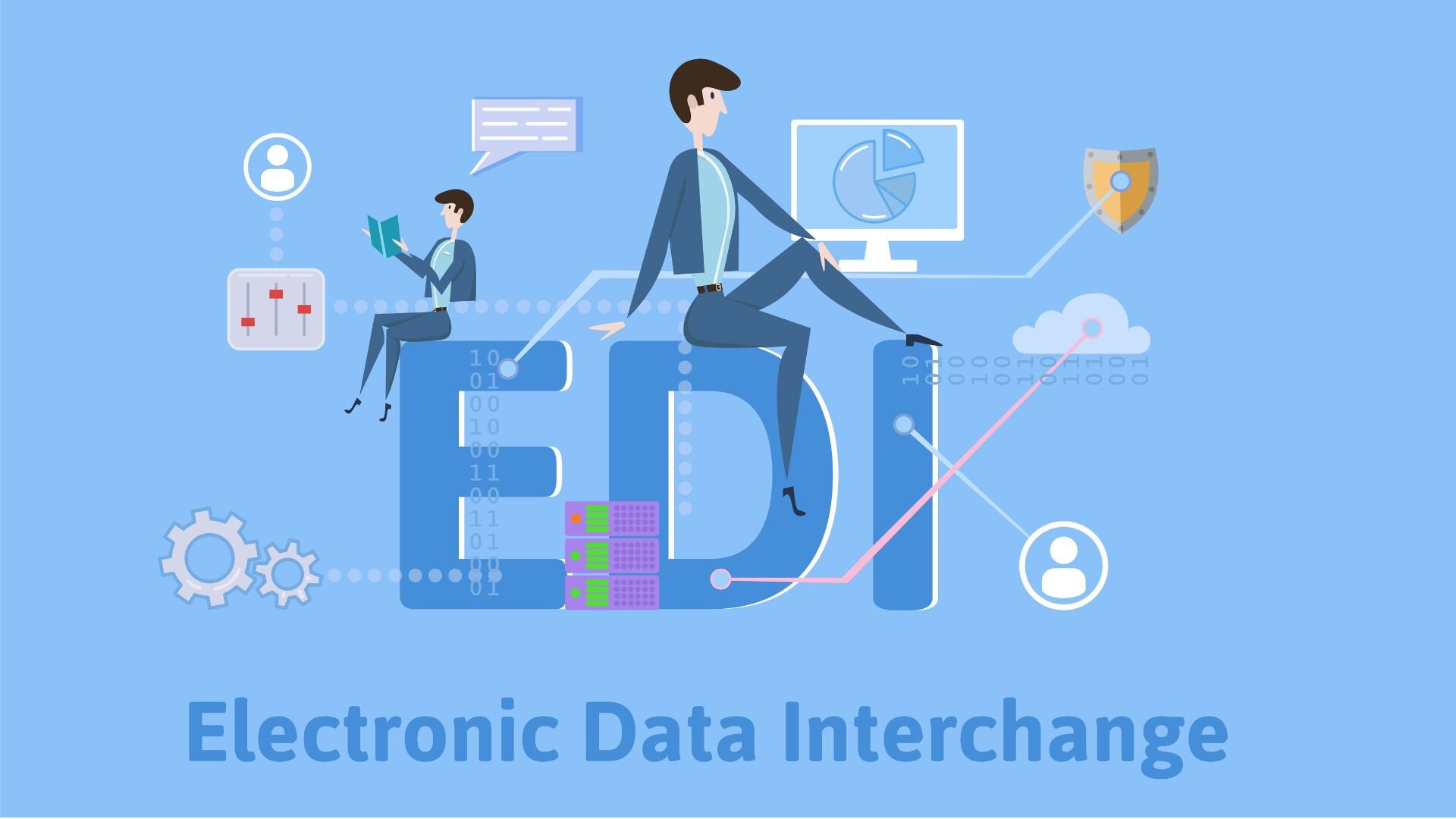 two business professionals interacting with the letters 'EDI' (Electronic Data Interchange) surrounded by symbols representing data exchange, security, and analytics