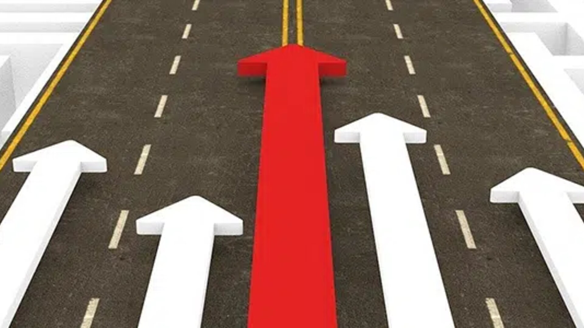 a road with white arrows pointing forward and a larger red arrow in the center