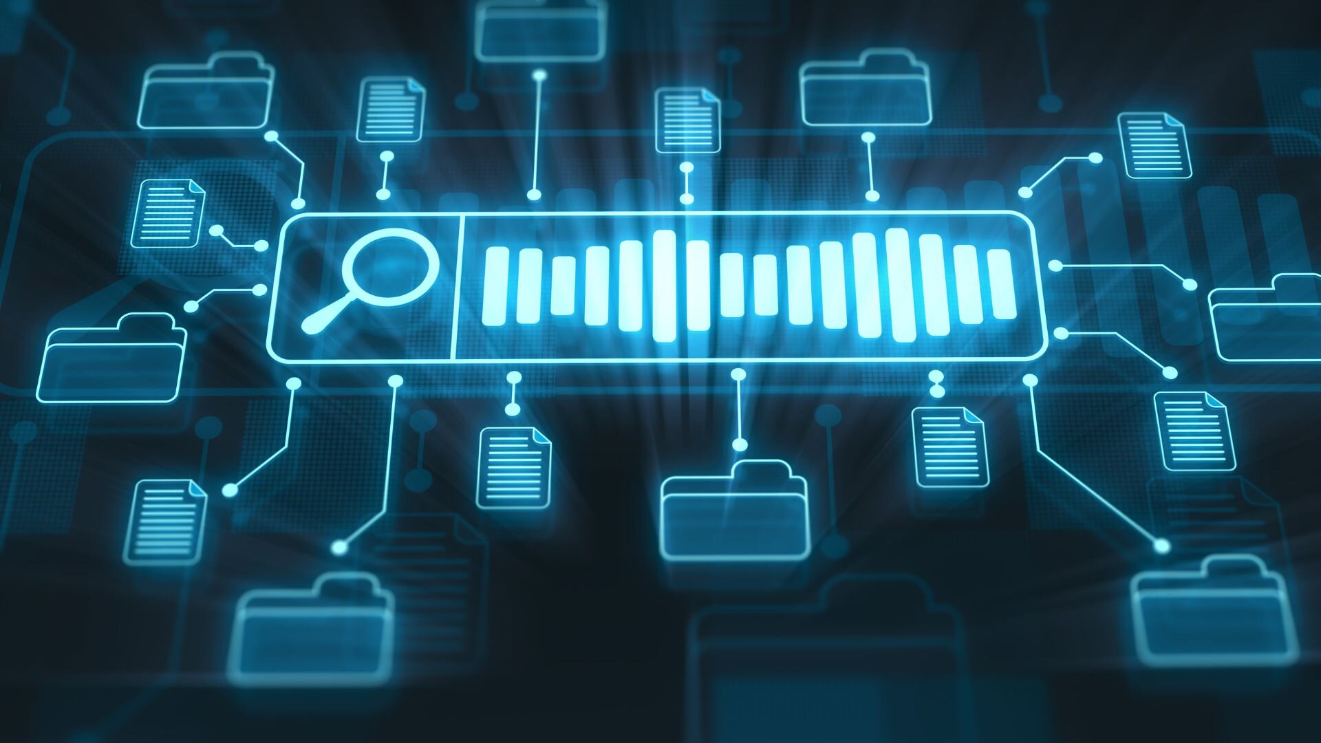 A glowing digital interface with a search bar, files, and folders connected by lines, symbolizing data management, digital search functionality, and file organization in a networked system