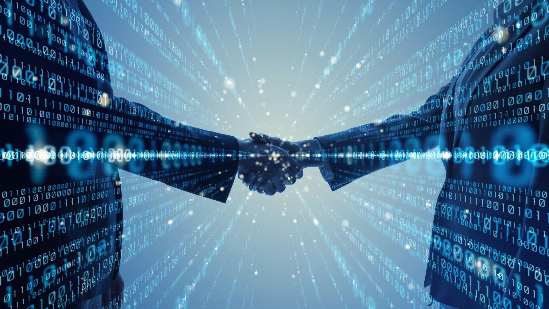 Digital handshake between two businesspeople, symbolizing secure and trustworthy digital agreements and partnerships in a binary code environment