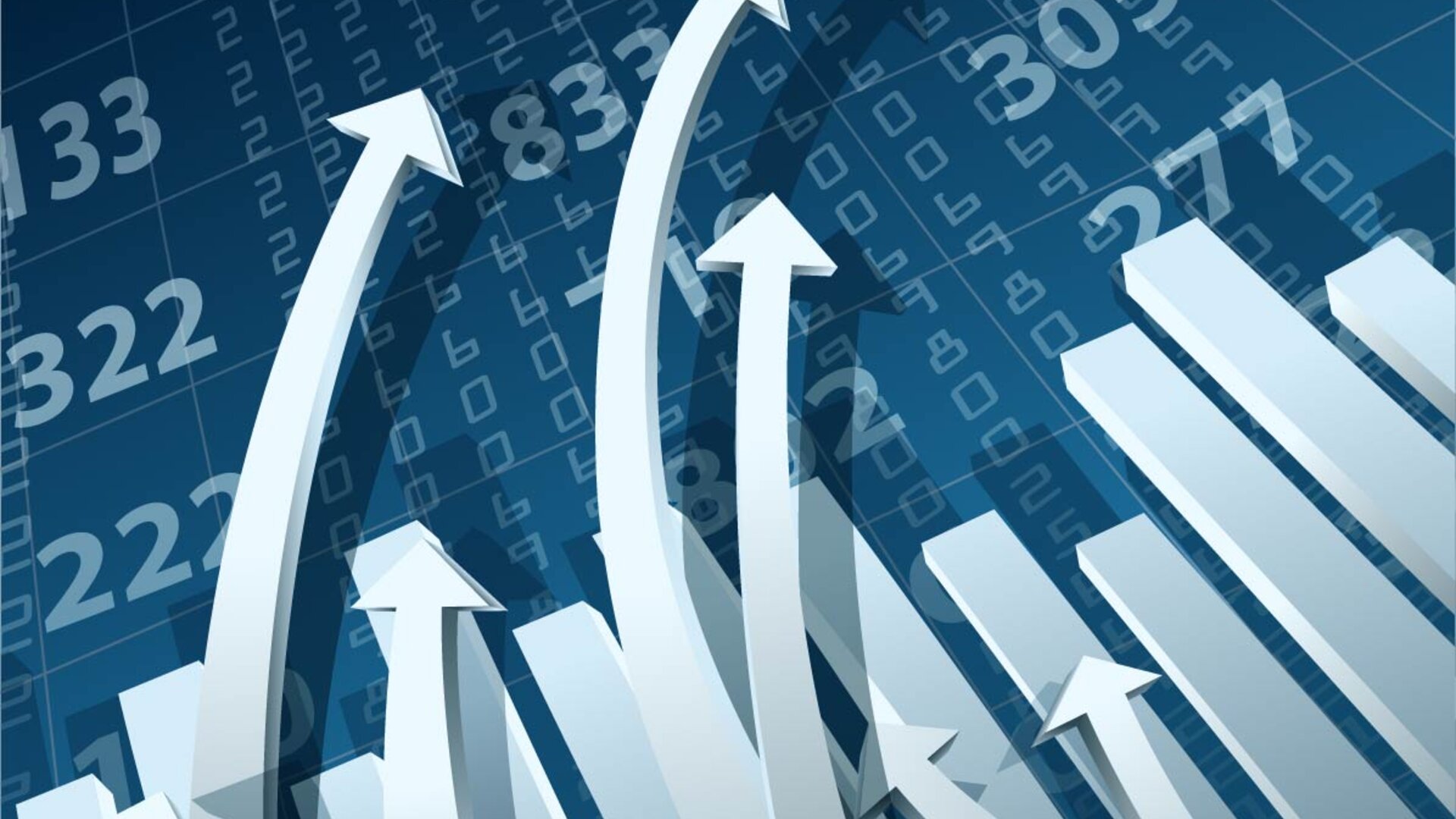 An abstract graphic showing upward arrows and bar charts with numbers in the background, representing financial growth, data analysis, and business success