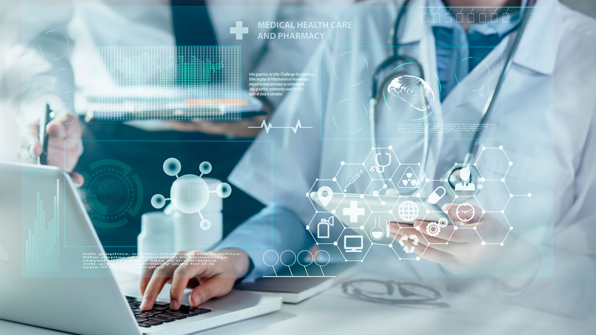 Medical professionals using technology, with digital health icons and graphics overlaying the image, representing modern healthcare, data analysis, and medical innovation