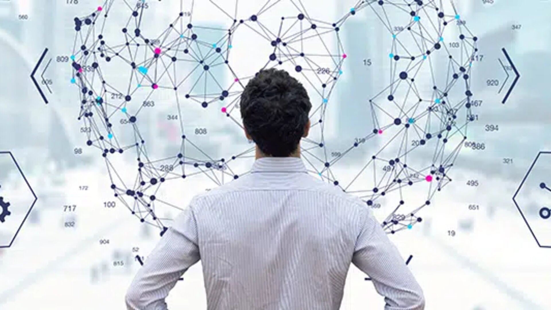 Man standing in front of a digital interface displaying a network of global connections and data analysis icons